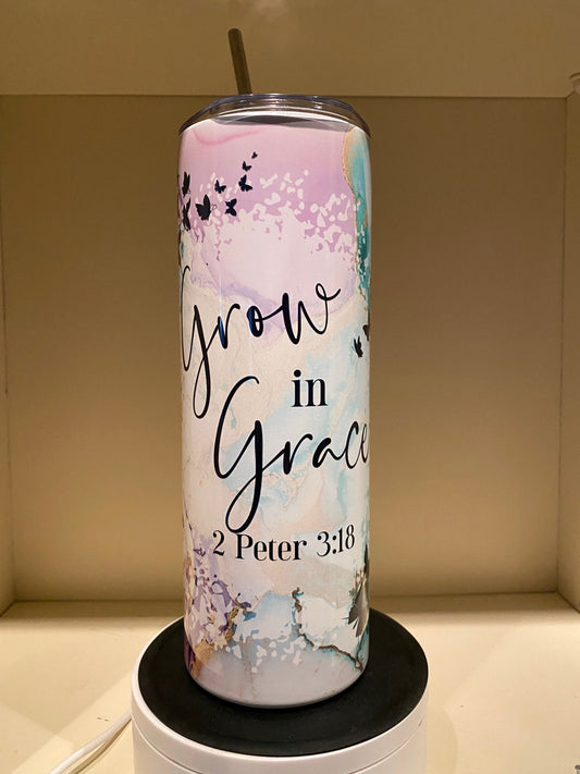 Grow in Grace / Peter 3:18 / Bible / 20oz skinny tumbler / Sublimation Tumbler / Gift For Him / Gift For Her / Religious