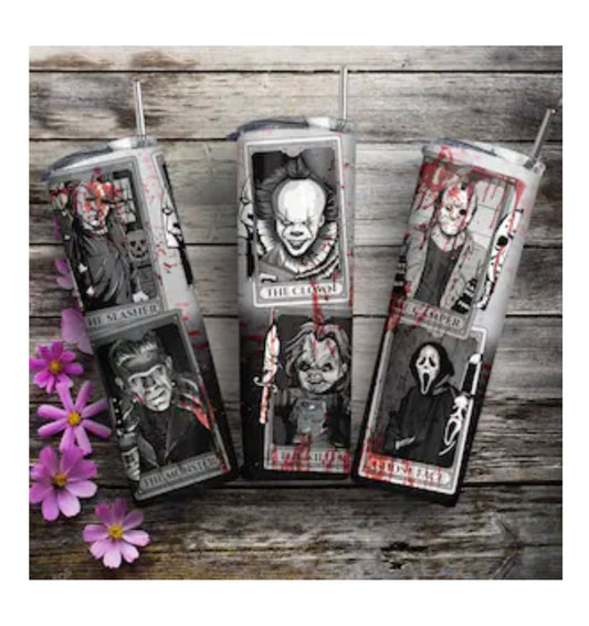 Horror Movie Cards / Black and White / 20oz Stainless Steel Tumbler With Straw / Gift For Her or Him